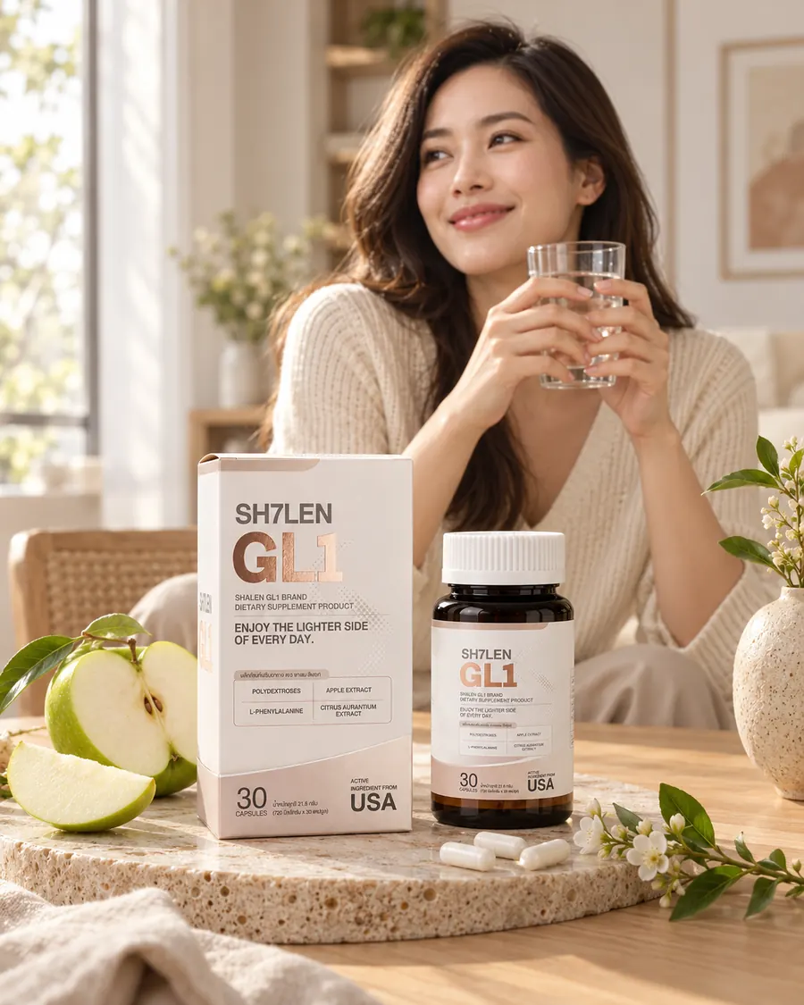 ผู้หญิงยิ้มถือแก้วน้ำยามเช้า ข้างกล่อง SH7LEN GL1